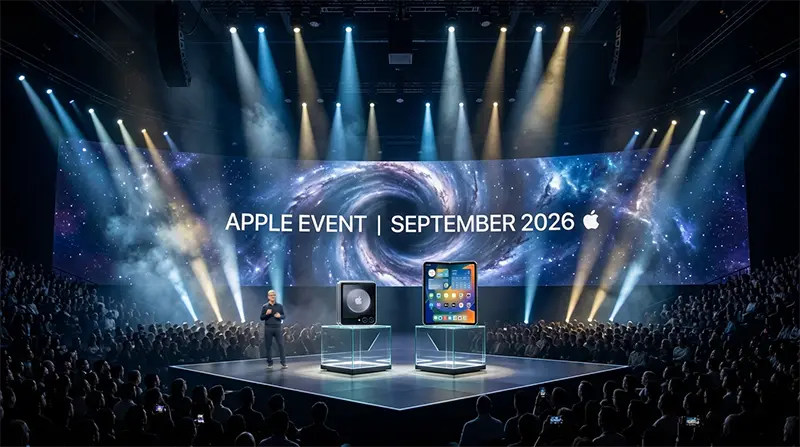 Cinematic shot of Apple’s September 2026 keynote event stage revealing the iPhone fold foldable smartphone, with dramatic LED screen displays and spotlight beams illuminating product pedestals in front of a large audience