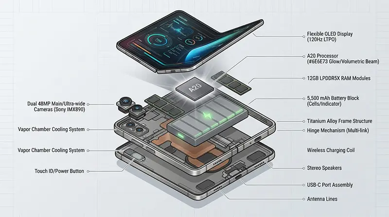 Technical exploded isometric view of iPhone fold internal hardware components showing A20 chip with 2nm process, 5,500mAh battery pack, 12GB LPDDR5X RAM modules, dual 48MP camera systems, and titanium frame structure with callout labels