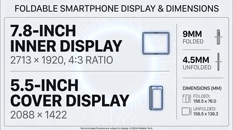 Specifications infographic visualizing iPhone foldable display dimensions including 7.8-inch inner display with 2713×1920 resolution, 5.5-inch cover display with 2088×1422 resolution, and thickness measurements of 9mm folded and 4.5mm unfolded