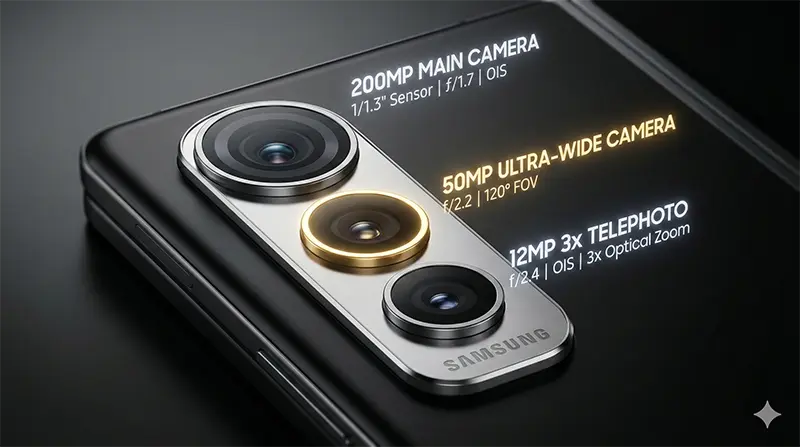 Galaxy Z Fold 8 camera system with 200MP main lens, upgraded 50MP ultrawide, and 12MP telephoto lens