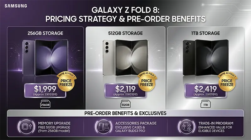 Galaxy Z Fold 8 pricing strategy for 256GB, 512GB, and 1TB storage options with preorder benefits