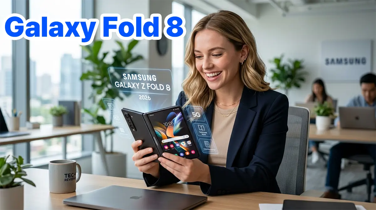 Young woman experiencing the expected July 2026 release of the Galaxy Z Fold 8 with a crease-free display