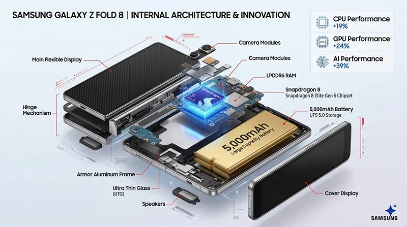 Internal structure of the Galaxy Z Fold 8 featuring Snapdragon 8 Elite Gen 5 chipset and 5,000mAh battery