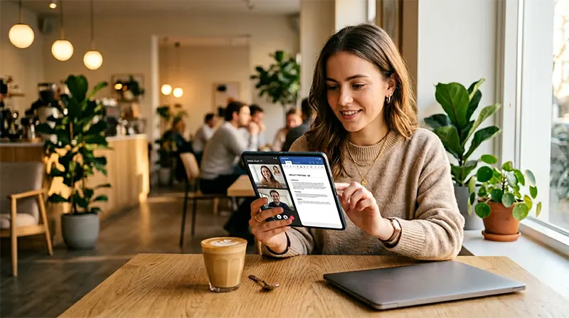 Premium lifestyle photograph of person using iPhone fold in unfolded state at modern cafe, demonstrating split-screen multitasking with video call on left panel and document editing on right panel in natural lighting environment