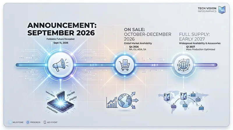 Timeline infographic displaying iPhone fold release schedule showing September 2026 announcement, October to December 2026 sales period, and early 2027 full supply availability with milestone icons and progress indicators