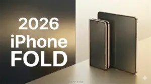 Premium marketing banner announcing the iPhone Ultra foldable smartphone launch in 2026, featuring a render of the device in both folded compact state and unfolded 7.8-inch tablet-like display configuration