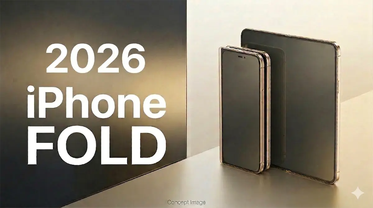 Premium marketing banner announcing the iPhone Ultra foldable smartphone launch in 2026, featuring a render of the device in both folded compact state and unfolded 7.8-inch tablet-like display configuration