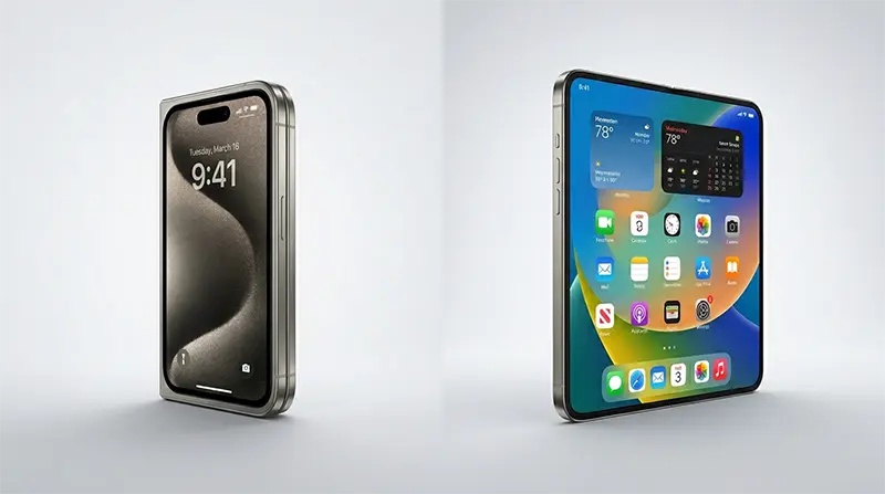 Premium product photography of iPhone fold showcasing the book-style infolding design, featuring both the compact 5.5-inch folded state and the expansive 7.8-inch unfolded tablet configuration with visible titanium frame and flexible display