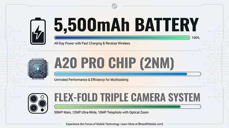 Hardware specifications infographic highlighting iPhone fold key features including 5,500mAh battery capacity, A20 Pro chip with 2nm process technology, and 12GB LPDDR5X RAM with progress bars and performance indicators
