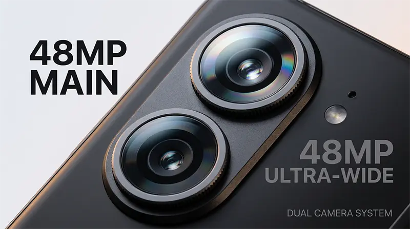 Extreme close-up macro photography of iPhone fold dual rear camera module featuring 48MP main sensor and 48MP ultra-wide sensor with precision optical glass elements, metallic ring accents, and lens flare details