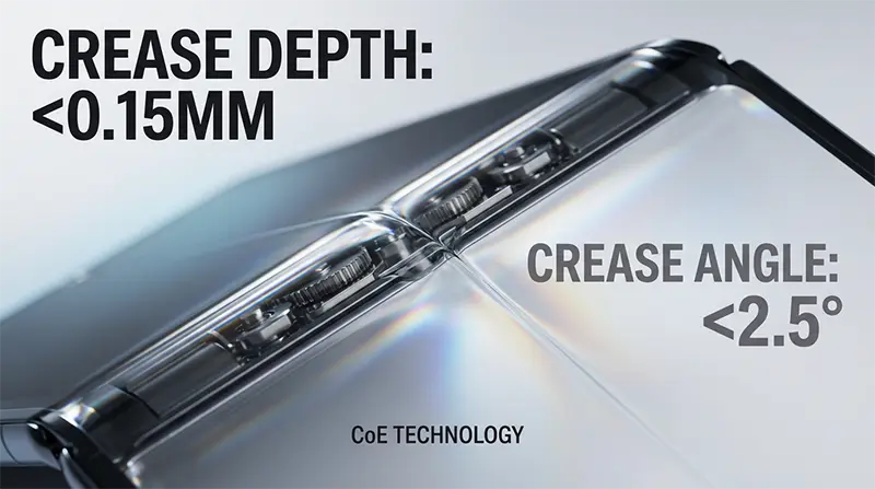 Extreme macro close-up of iPhone foldable flexible display panel highlighting the crease area with CoE technology implementation, showing crease depth under 0.15mm and crease angle under 2.5 degrees with technical annotations
