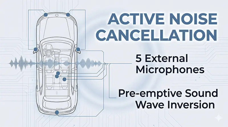 ANC infographic showing five external microphones on Volvo EX60 front bumper and mirrors with inverse sound wave pattern