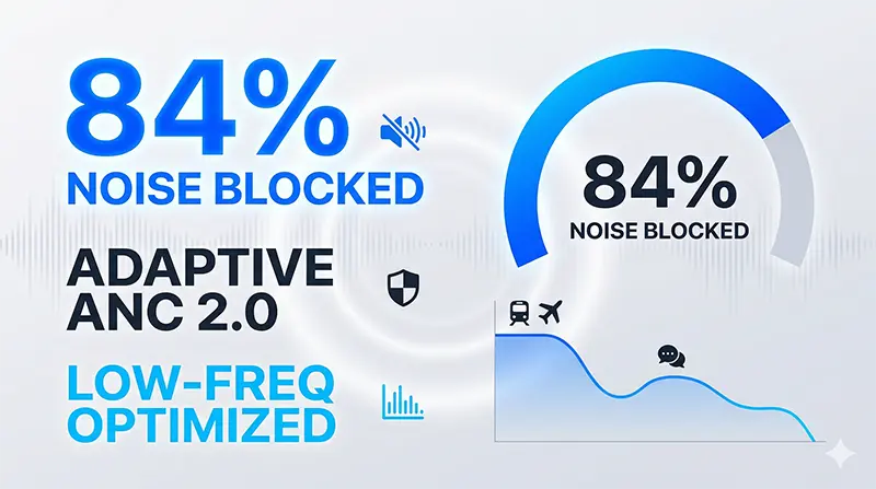 Performance infographic displaying Adaptive ANC 2.0 blocking average 84% of audible range noise with particular effectiveness in low-frequency subway and airplane engine sounds