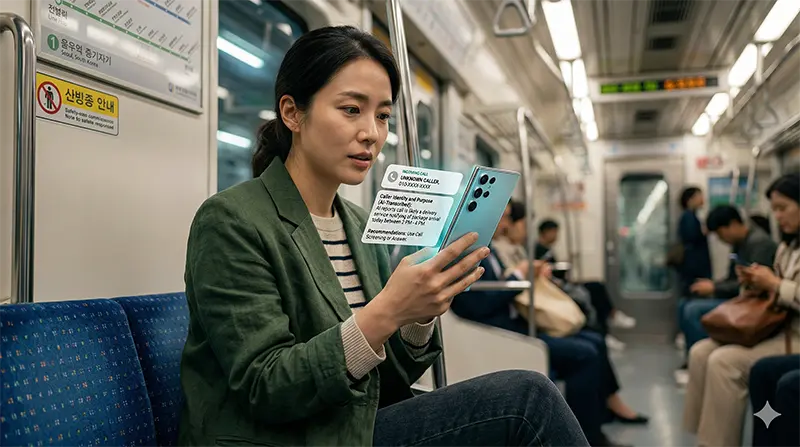 Lifestyle photography capturing a commuter naturally using Galaxy S26 Ultra’s Call Screening feature on subway train, with the AI-generated caller summary displayed on screen while the user reads the information before deciding to answer
