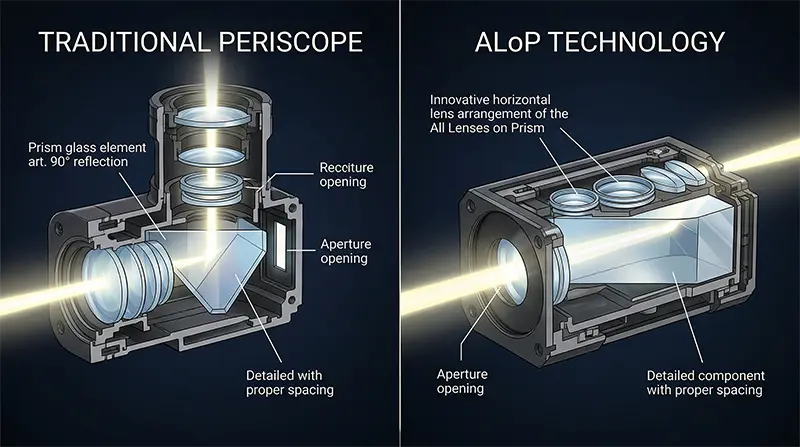 Technical comparison diagram showing traditional periscope versus ALoP (All Lenses on Prism) telephoto camera architecture, illustrating lens arrangement differences and light path with detailed annotations