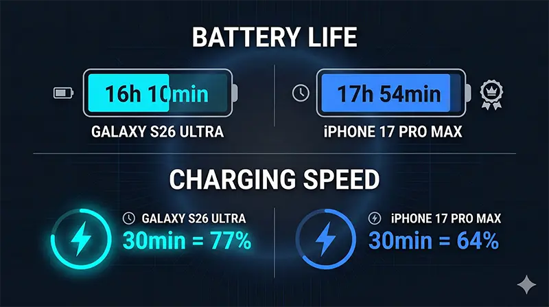 Battery performance infographic comparing iPhone 17 Pro Max’s superior 17 hour 54 minute longevity against Galaxy S26 Ultra’s faster 30-minute 77% charging capability, illustrating the trade-off between endurance and speed