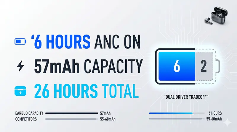 Battery performance infographic showing Galaxy Buds4 Pro 57mAh capacity delivering 6 hours playback time with ANC ON and 26 hours total with charging case included
