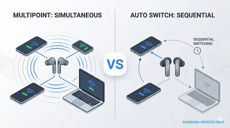 Comparison illustration showing simultaneous connection method of Bluetooth multipoint versus sequential switching method of Samsung-exclusive Auto Switch feature with device connection diagrams