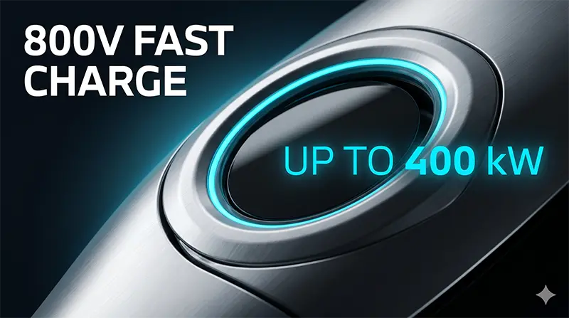 Macro close-up of BMW iX3 charging port with illuminated cyan ring and 800V fast charge text overlays showing ultra-fast charging capability