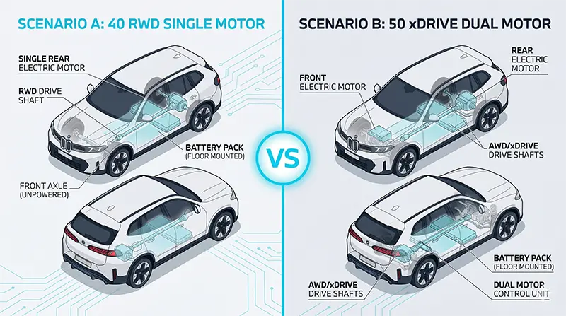 Split-screen comparison showing BMW iX3 40 RWD single-motor rear-drive versus 50 xDrive dual-motor AWD configurations with VS badge centered