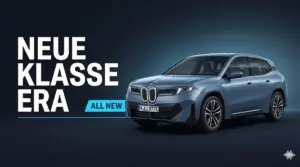 BMW iX3 electric SUV marketing render at 3/4 front angle with vertical illuminated kidney grille and LED headlamps on Neue Klasse platform