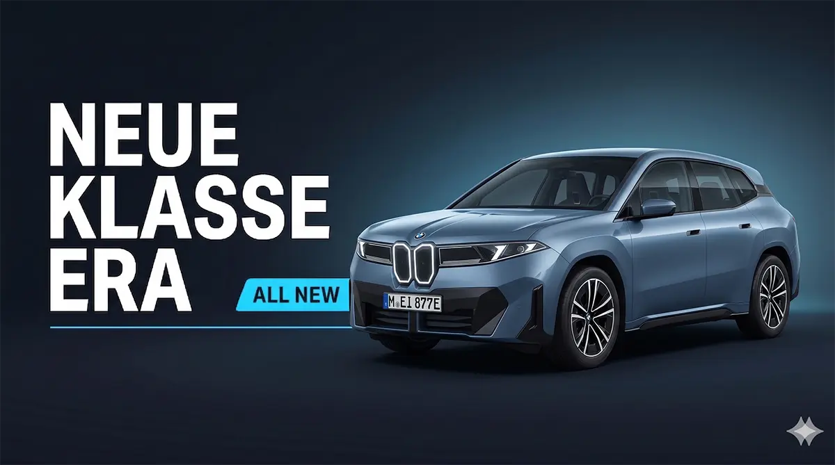 BMW iX3 electric SUV marketing render at 3/4 front angle with vertical illuminated kidney grille and LED headlamps on Neue Klasse platform