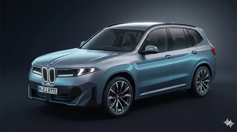 Studio shot of BMW iX3 at 3/4 front angle highlighting vertical illuminated kidney grille, LED headlamps, and metallic blue-gray paint finish