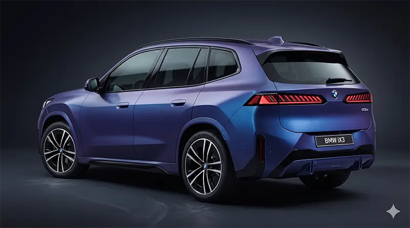 Studio shot of BMW iX3 at 3/4 rear angle emphasizing slim horizontal LED tail lamp signature and sculpted shoulder line under premium lighting