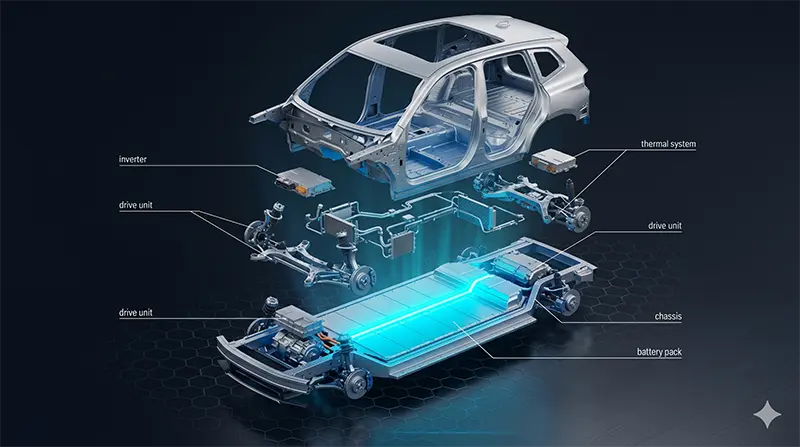Isometric exploded view of BMW iX3 skateboard platform showing cyan-glowing battery pack and front-rear electric motor units in layered arrangement