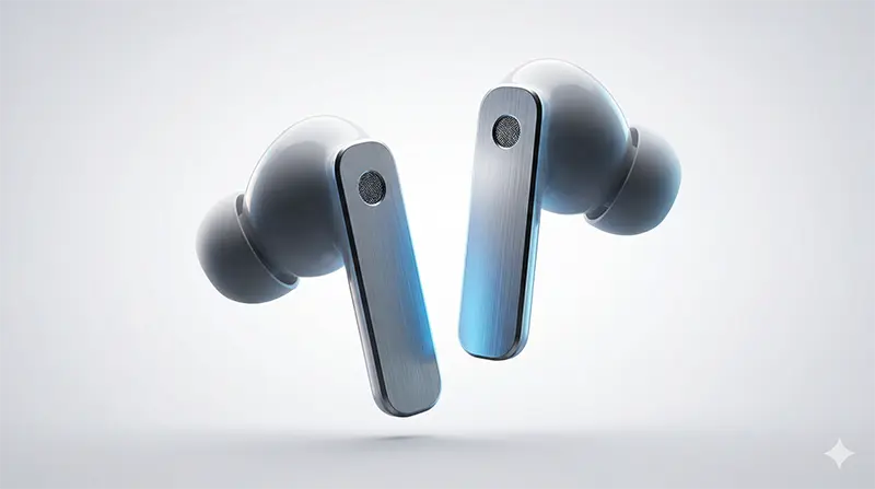 Premium product photography of Samsung Galaxy Buds4 Pro highlighting the unique flat rectangular metal stem plate and rounded earbud head that differentiates completely from AirPods design