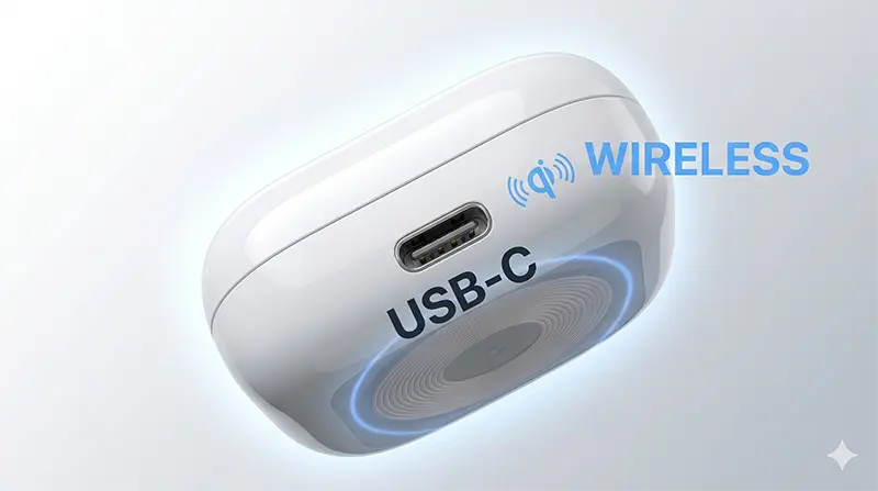 Extreme close-up macro shot of charging case bottom showing USB-C port and Qi wireless charging coil pattern supporting multiple charging methods