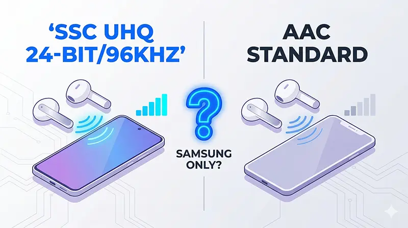 Split-screen comparison illustration showing Samsung-exclusive SSC UHQ 24-bit 96kHz high-resolution codec versus standard AAC codec audio quality difference with device compatibility scenarios