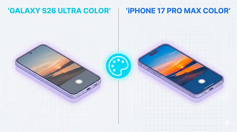 Split-Screen-Illustration der Farbwiedergabe-Unterschiede zwischen den realistischen natürlichen Tönen des Galaxy S26 und den lebendigen gesättigten Farben des iPhone 17 bei derselben Sonnenuntergangsszene