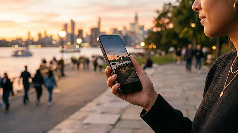 Golden hour outdoor photograph showing user comfortably holding Samsung S26 in one hand with satisfied expression, demonstrating lightweight 214g body and excellent low-light camera performance on screen