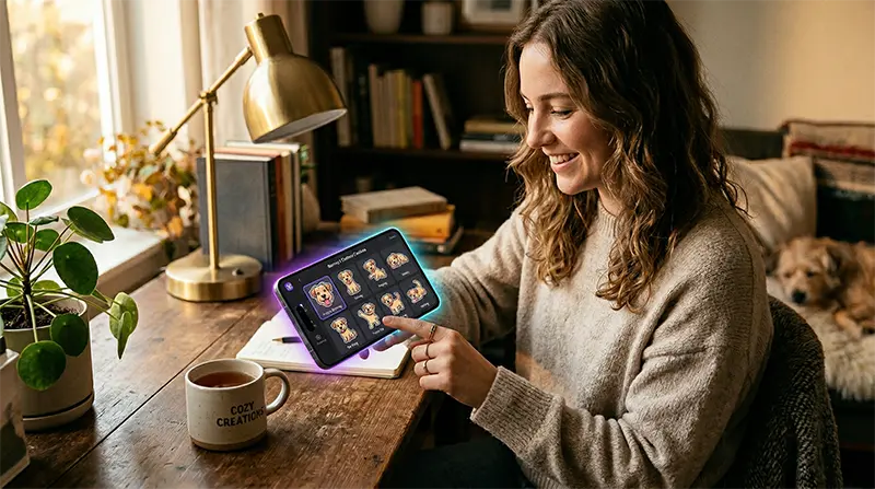 Lifestyle photograph of user creating custom sticker sets from pet photos using Creative Studio app at home desk, showing AI-generated sticker variations with different poses and expressions on screen