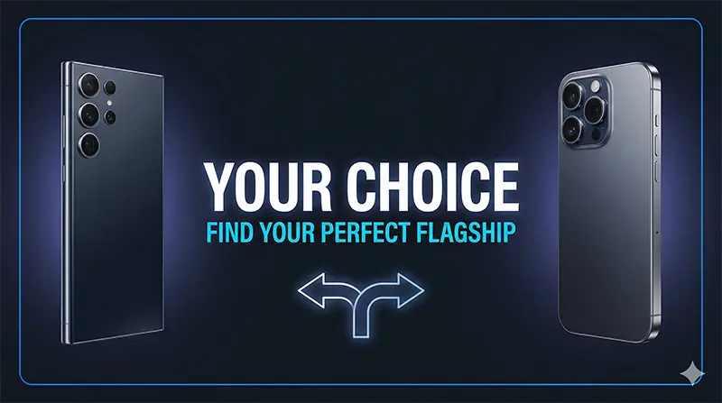 Balanced conclusion banner presenting iPhone 17 Pro Max and Samsung Galaxy S26 Ultra equally with central choice messaging encouraging users to select based on their personal usage patterns and priorities rather than declaring a single winner