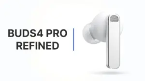 Samsung Galaxy Buds4 Pro premium marketing banner showcasing the distinctive flat rectangular metal stem design and refined audio capabilities with dual-driver architecture