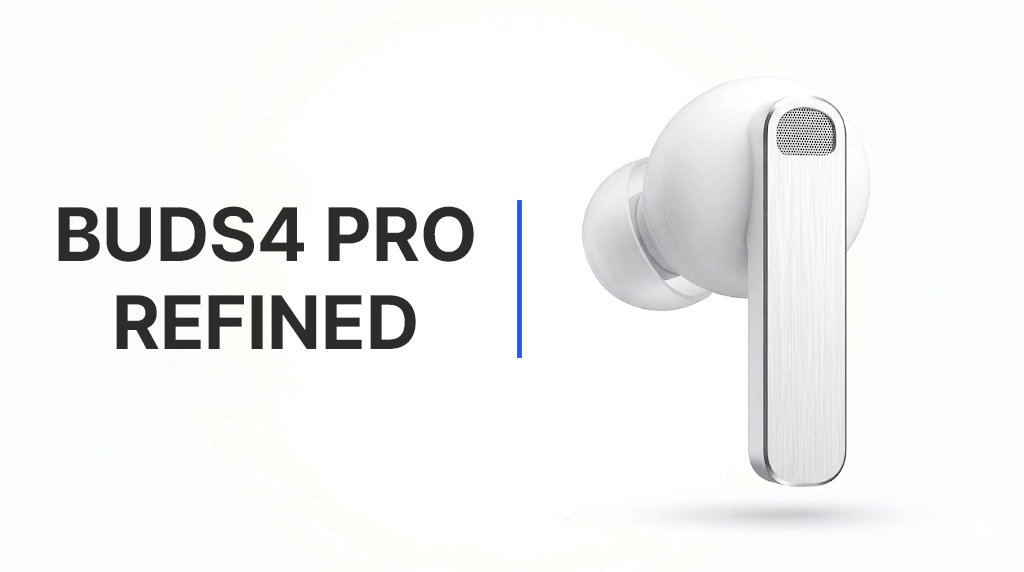 Samsung Galaxy Buds4 Pro premium marketing banner showcasing the distinctive flat rectangular metal stem design and refined audio capabilities with dual-driver architecture