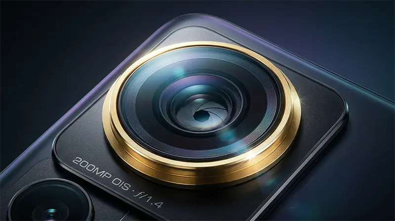 Extreme macro close-up of Galaxy S26 Ultra camera module focusing on the 200MP main lens with f/1.4 wide aperture, featuring dramatic gold ring accent and beautiful lens flare with specular highlights