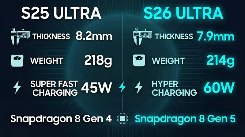 Detailed infographic comparing S25 Ultra versus Galaxy S26 Ultra specifications including thickness reduction, weight decrease, 60W charging upgrade, and Snapdragon 8 Elite Gen 5 processor improvements with data visualization