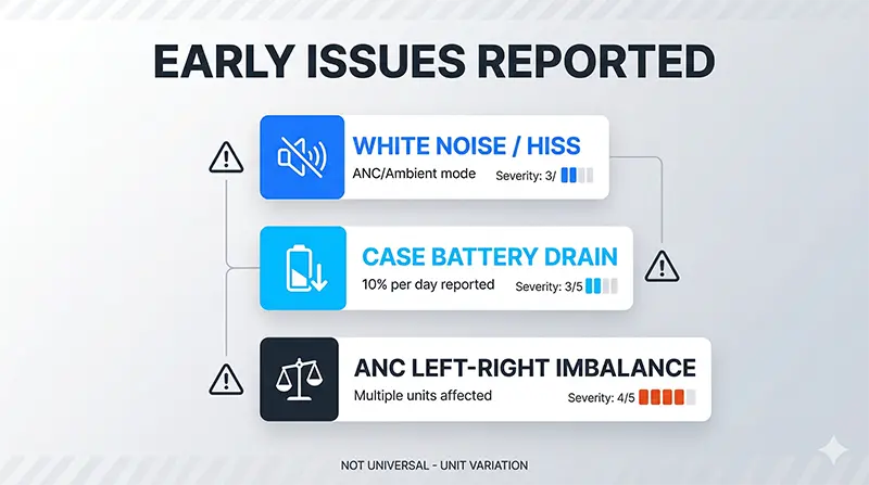 Early issues summary infographic documenting major problems reported during first month including white noise hiss, case battery drain, and ANC left-right imbalance with severity indicators