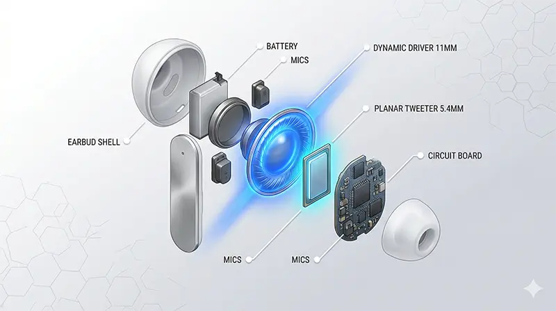 Technical exploded isometric diagram showing Galaxy Buds4 Pro internal architecture with 11mm dynamic driver for bass and 5.4mm planar magnetic driver for treble highlighted with glowing effects