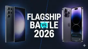 Premium marketing banner showcasing the 2026 flagship smartphone battle between iPhone 17 Pro Max and Samsung Galaxy S26 Ultra with side-by-side comparison highlighting design and technology