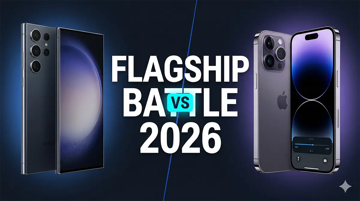 Premium marketing banner showcasing the 2026 flagship smartphone battle between iPhone 17 Pro Max and Samsung Galaxy S26 Ultra with side-by-side comparison highlighting design and technology