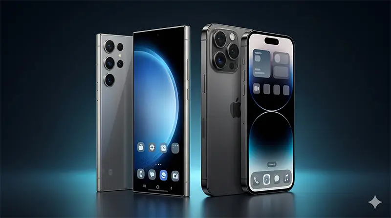 Side-by-side product photography of iPhone 17 Pro Max and Samsung Galaxy S26 Ultra highlighting the significant weight difference of 19 grams and thickness difference of 0.9mm with premium studio lighting