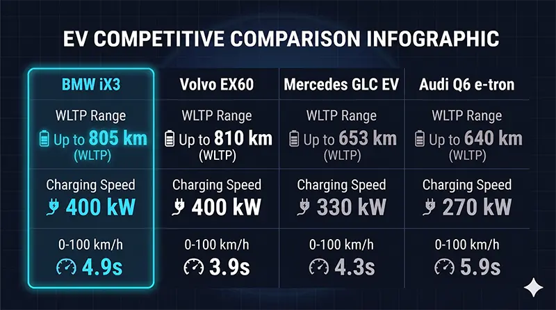 Four-column infographic comparing BMW iX3 versus Volvo EX60, Mercedes GLC EV, and Audi Q6 e-tron with range and charging speeds highlighted