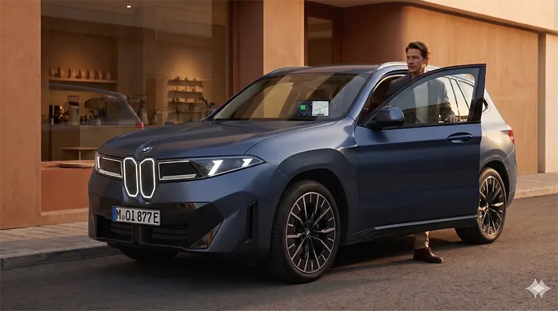 Lifestyle photograph of BMW iX3 parked at urban cafe with driver stepping out during golden hour, capturing authentic daily usage scenario