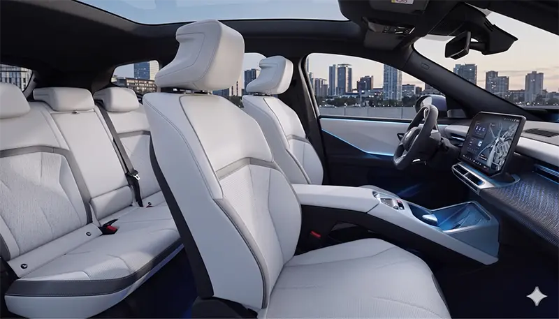 Wide interior view of BMW iX3 showing panoramic curved display at windshield base and center OLED touchscreen in minimalist dashboard layout
