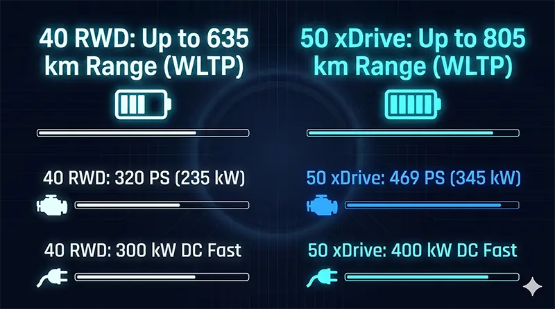 Performance infographic comparing BMW iX3 40 RWD and 50 xDrive with glowing data points for EPA range, horsepower, and DC fast charging speeds