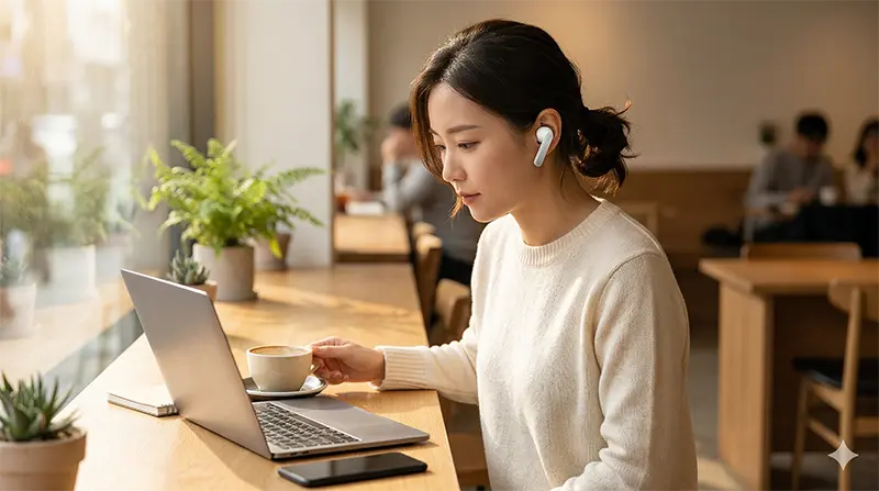 Premium lifestyle editorial photograph capturing natural everyday usage of Galaxy Buds4 Pro in modern cafe setting with person working on laptop wearing earbuds comfortably